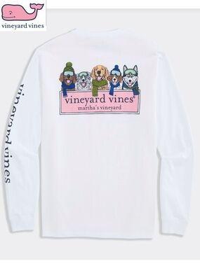 NWT Vineyard Vines Men's Large White Long-Sleeve Tee with Colorful Winter Dogs